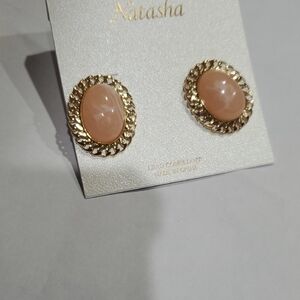 Natasha Couture giant oval vintage pink coral faux gemstone stud earrings new